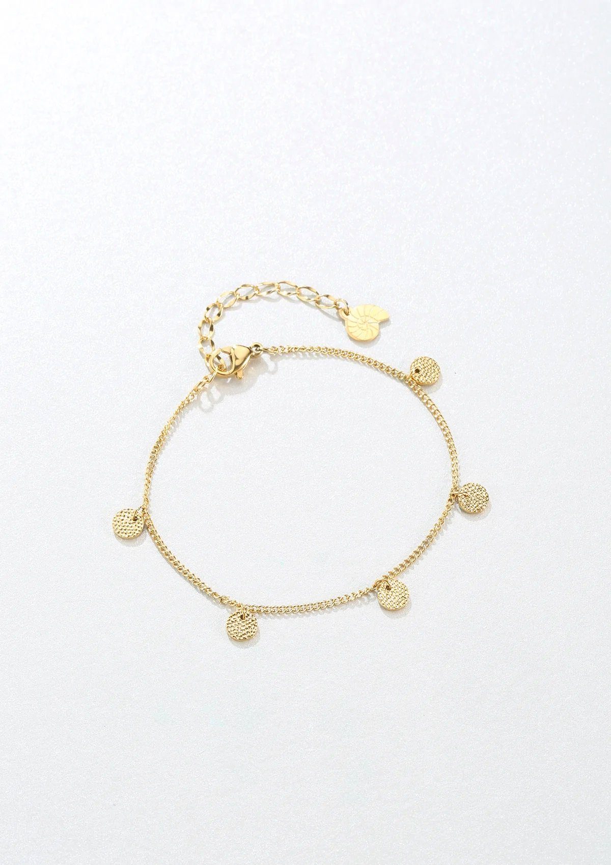 Hey Happiness Charm-Armband Edelstahl Damen Plättchen strukturiert, 18K Roségold vergoldet, Armkette Geo Kreis Münze hängend, wasserfest