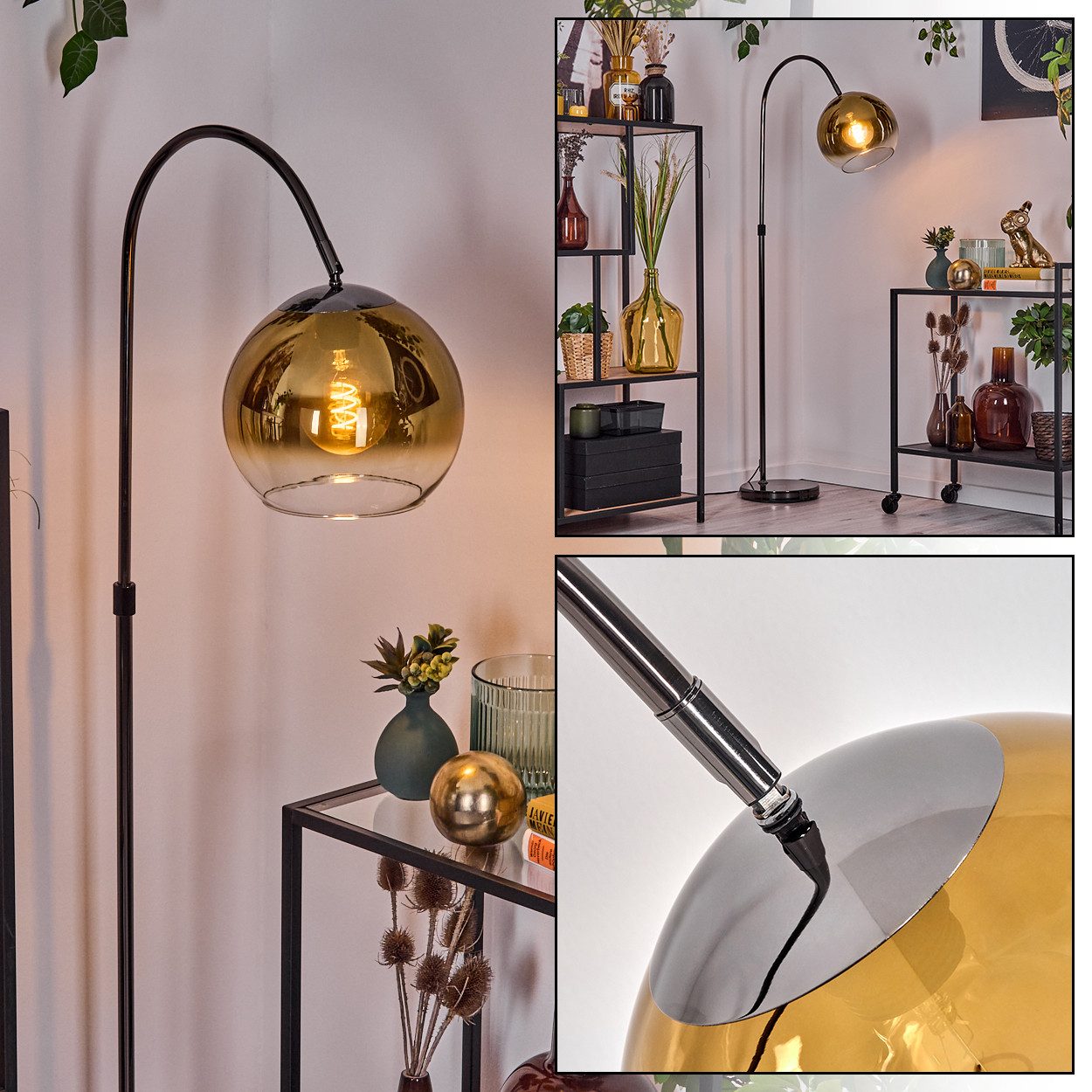 Stehlampe Stehlampe aus Metall/Glas in Schwarz/Chrom/Gold/Klar im Retro-Design