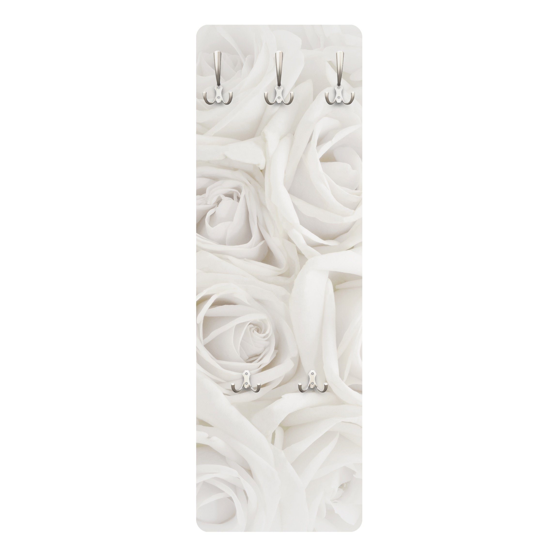 Bilderdepot24 Garderobenpaneel weiss Blumen Floral Liebe Weiße Rosen Design (ausgefallenes Flur Wandpaneel mit Garderobenhaken Kleiderhaken hängend), moderne Wandgarderobe - Flurgarderobe im schmalen Hakenpaneel Design