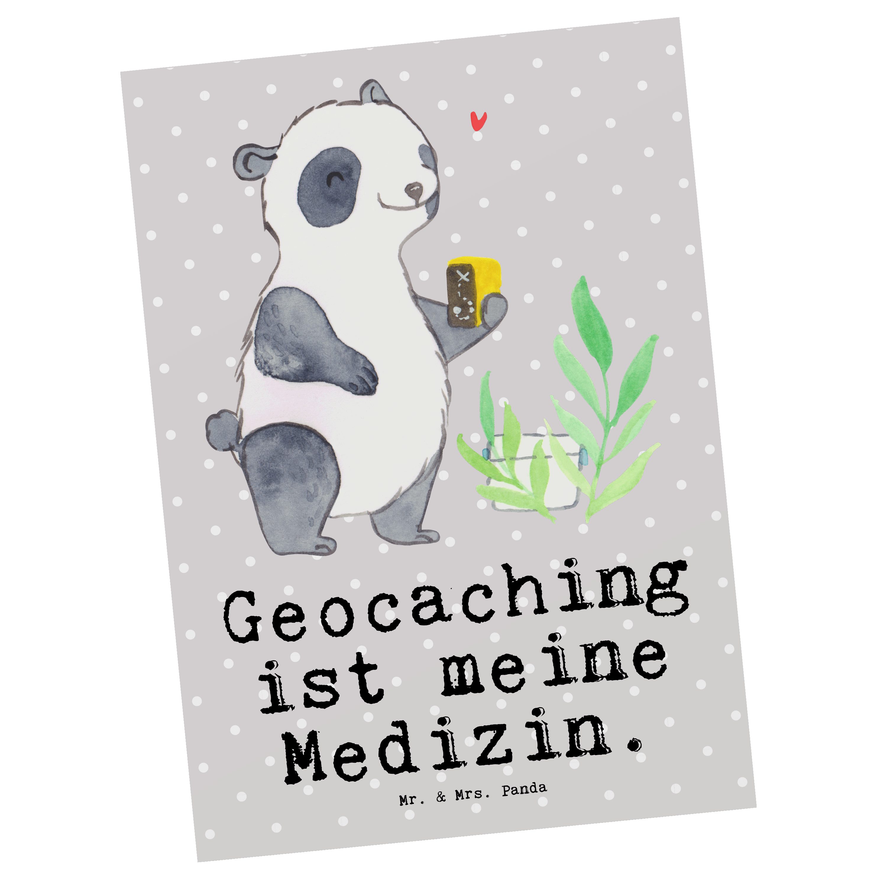 Mr. & Mrs. Panda Postkarte Panda Geocaching Medizin - Grau Pastell - Geschenk, Grußkarte, Ansich