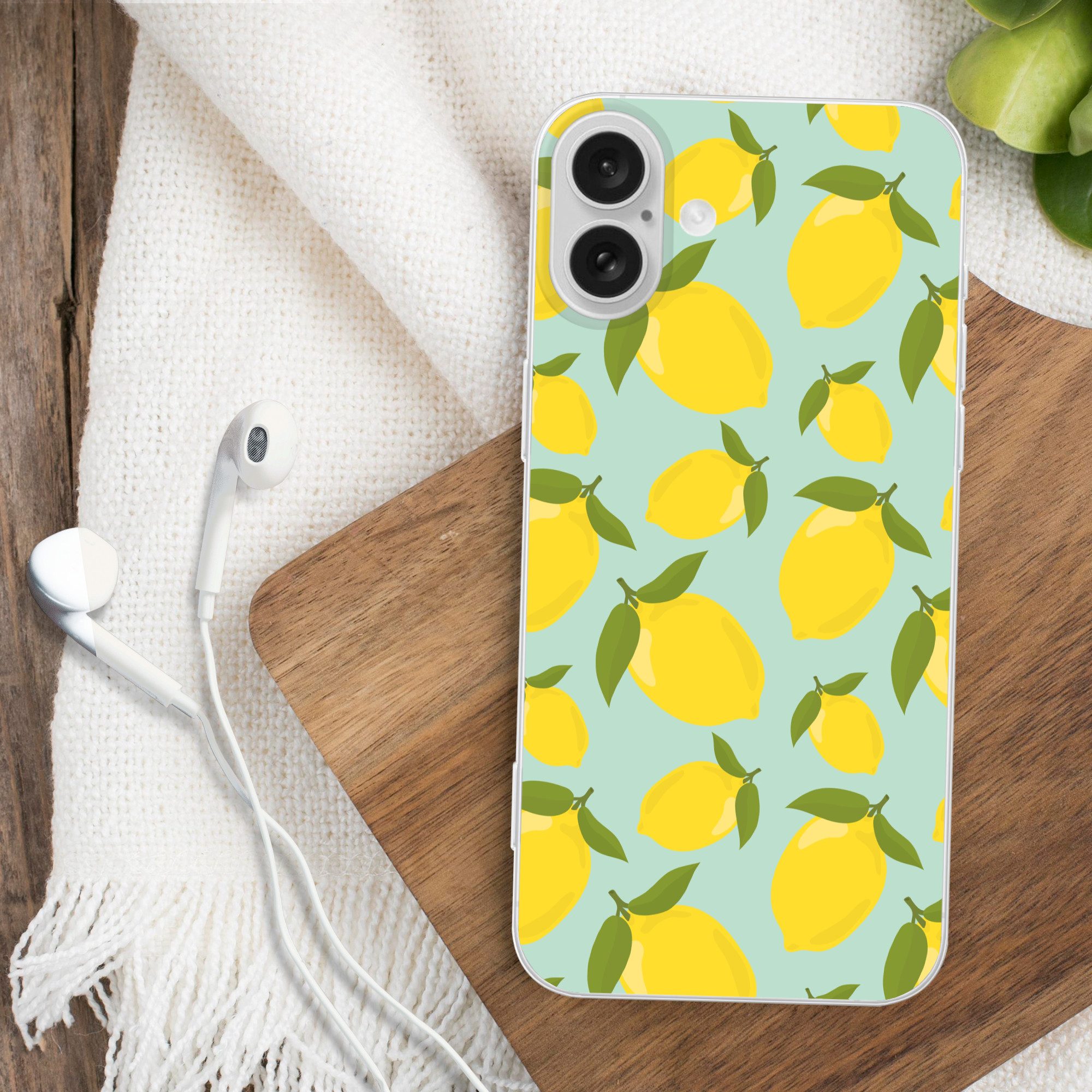 MuchoWow Handyhülle für Apple iPhone 16 Plus Muster Zitronen - Gelb - Blau - Muster - Früc, Smartphone-Bumper, Print, Handy Schutzhülle Dünn