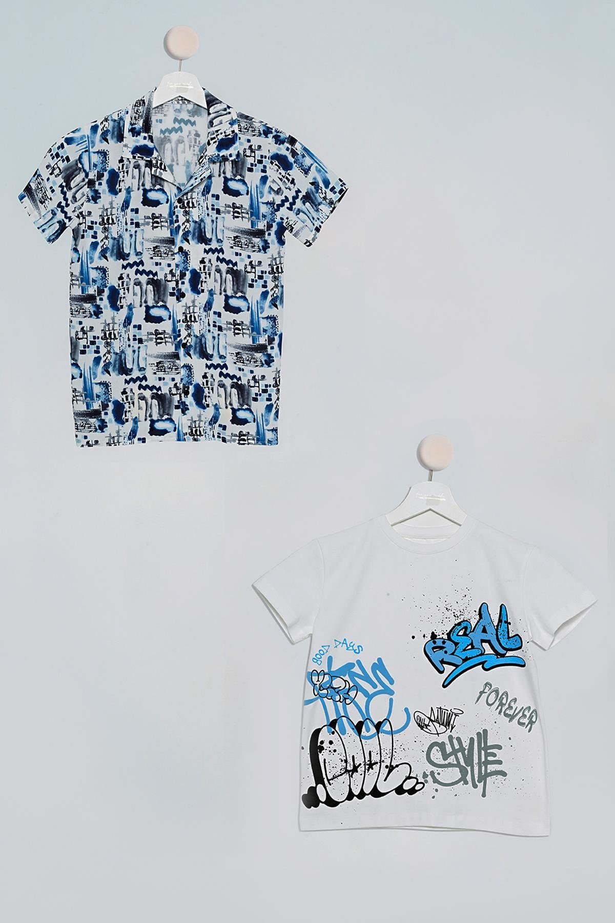 For You Moda Frackhemd 2-teiliges Asymmetrisches Bedrucktes Hemd T-Shirt Set