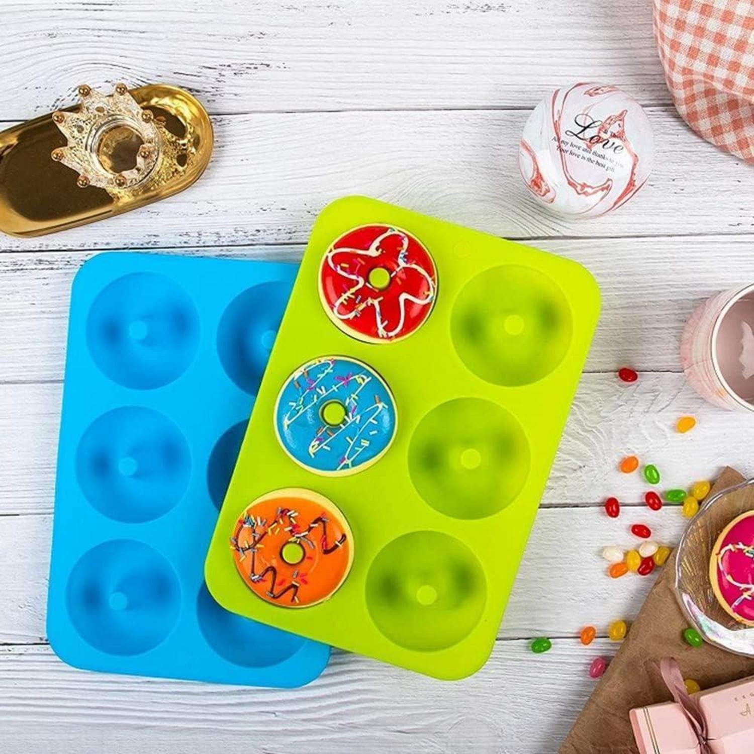 LuxusKollektion Donutform Silikon Backform Donuts 2er Set 6 Fächer Hitzebeständig Blau Grün