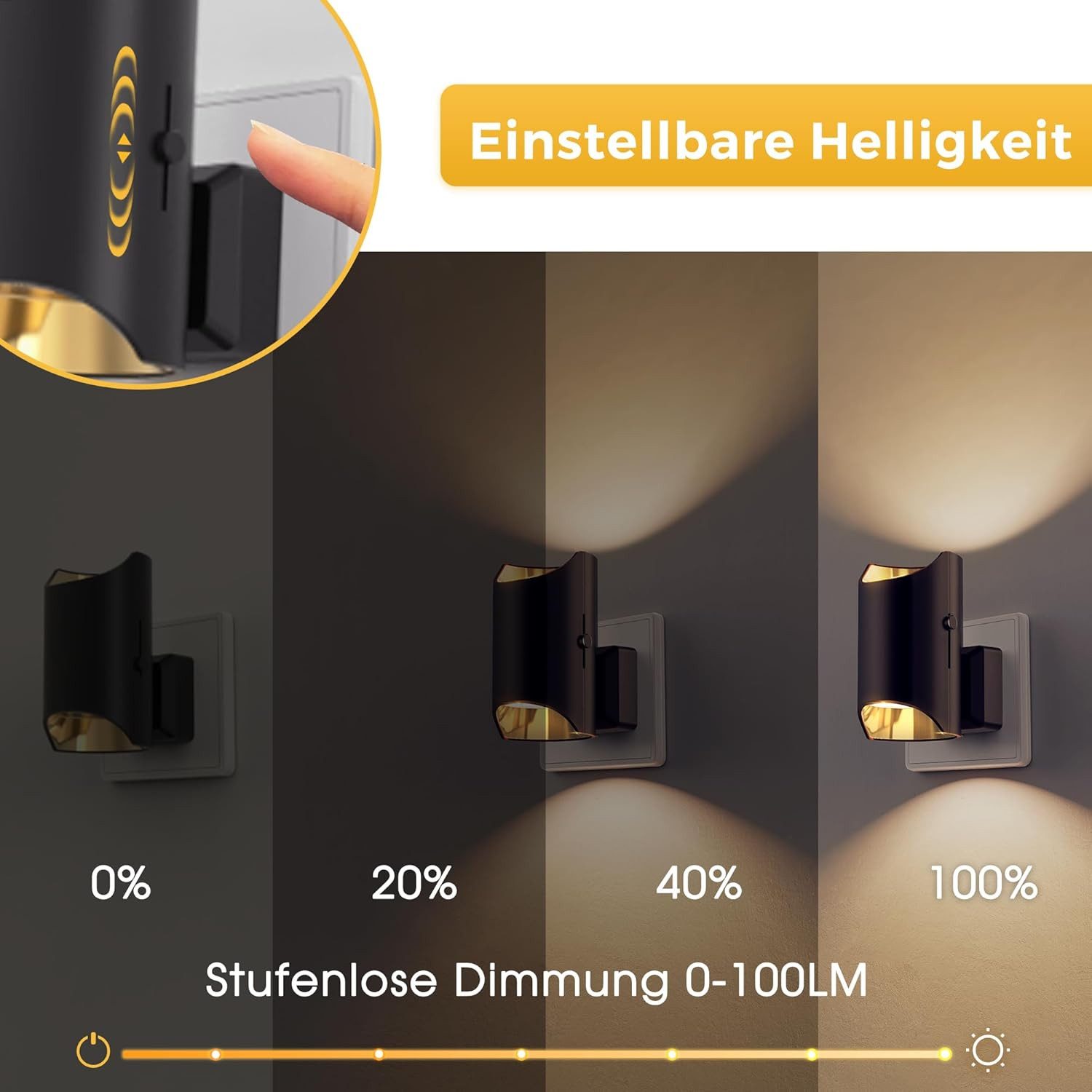 LOHAS-LED LED Nachtlicht LED Up & Down Steckdosen-Nachtlicht Schwarz Kupfer, 2er Set, LED fest integriert, Warmweiß, Dämmerungssensor mit stufenloser 0–100% Dim – Bild 4 von 5