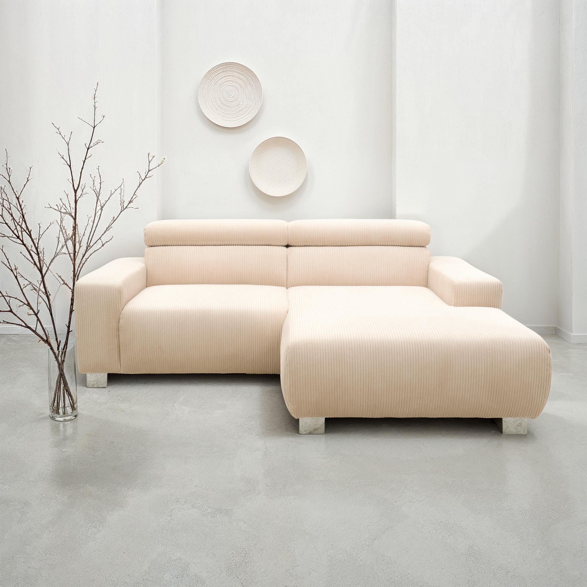 DOMO collection Ecksofa 100030 inkl. Kopfteilverstellung, guter Sitzkomfort, Cordbezug, L-Form, mit komfortabler Wellenunterfederung, ideal für kleine Räume