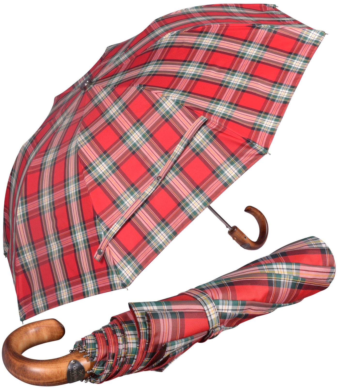 doppler MANUFAKTUR Taschenregenschirm großer Schirm mit Auf-Automatik und Echtholz-Griff, für Damen und Herren, handgefertigt, kariert