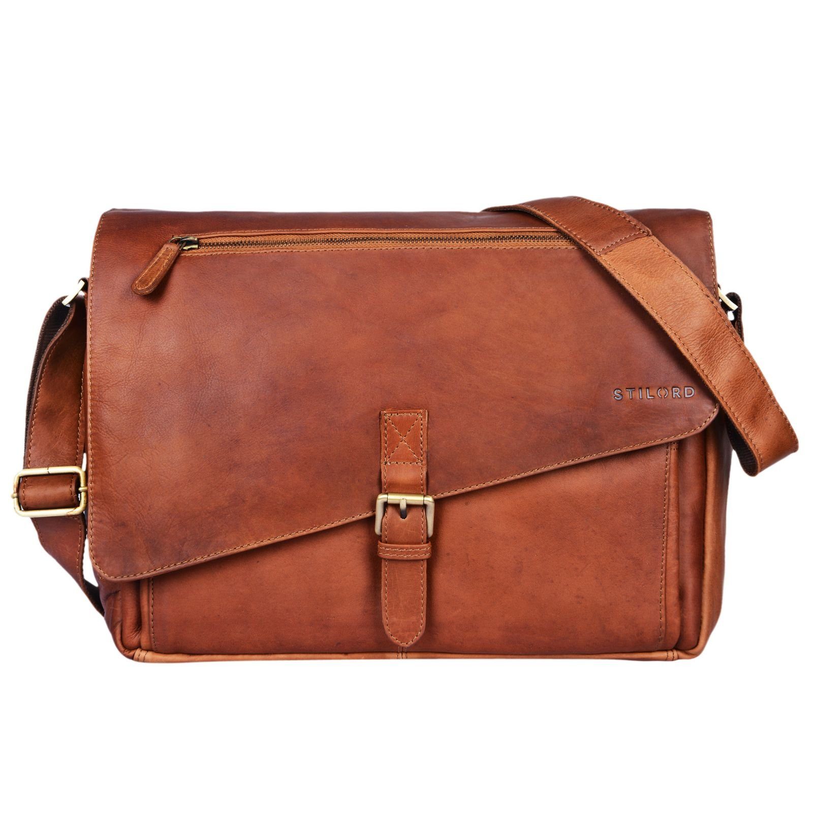 Leder Laptoptasche "Merlin" cognac - Umhängetasche braun Vintage STILORD