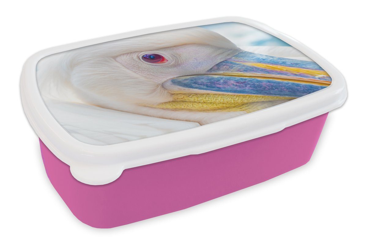 MuchoWow Lunchbox Nahaufnahme eines Pelikans, Kunststoff, (2-tlg), Brotbox für Erwachsene, Brotdose Kinder, Snackbox, Mädchen, Kunststoff rosa