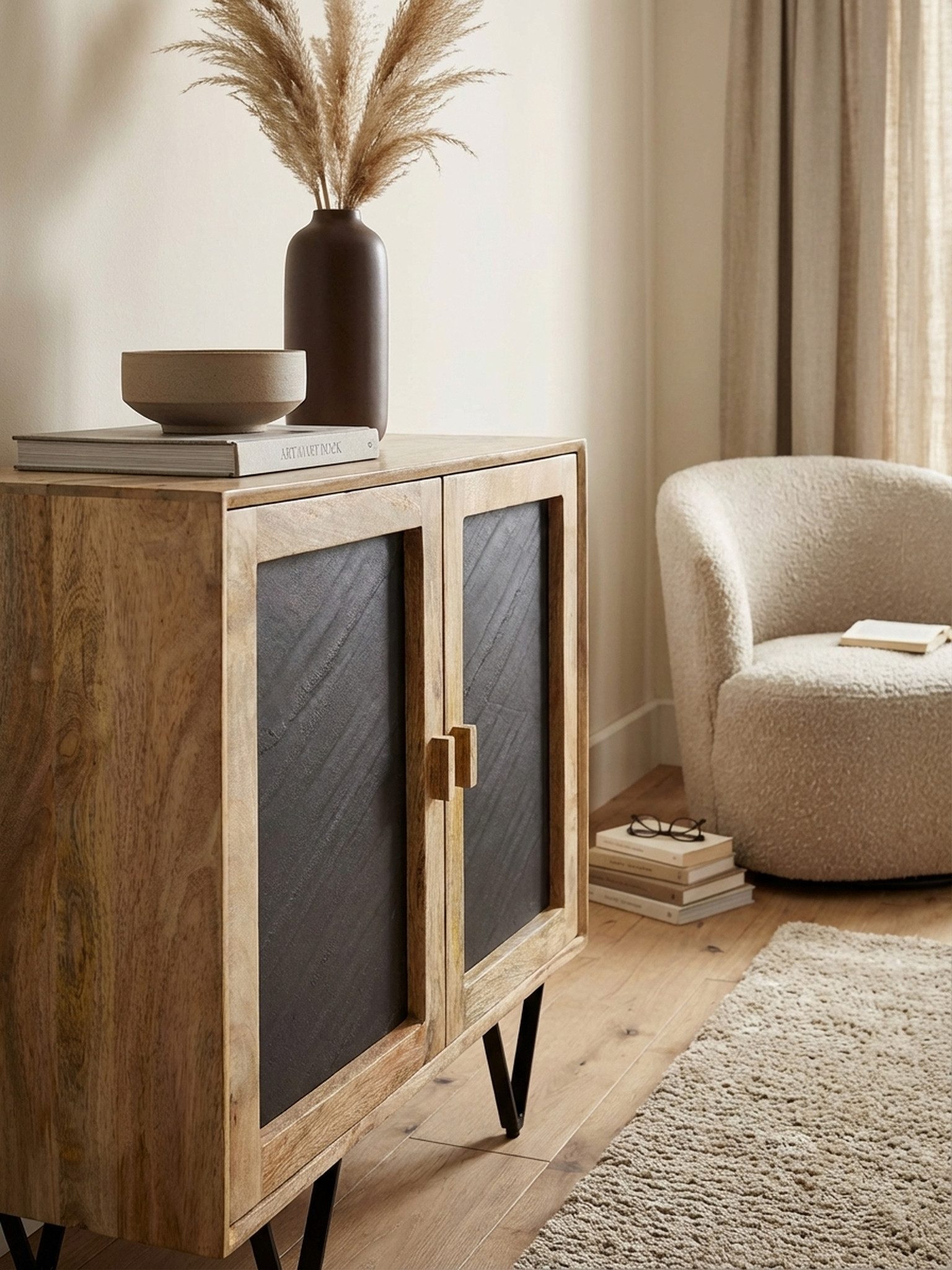 KADIMA DESIGN Kommode Sideboard 80x75x35 cm Mango Massivholz / Stein-Optik Anrichte Braun, (Standschrank Mehrzweckkommode mit Metallgestell), Kommode mit 2 Türen, Kleiner Kommodenschrank Holz Massiv