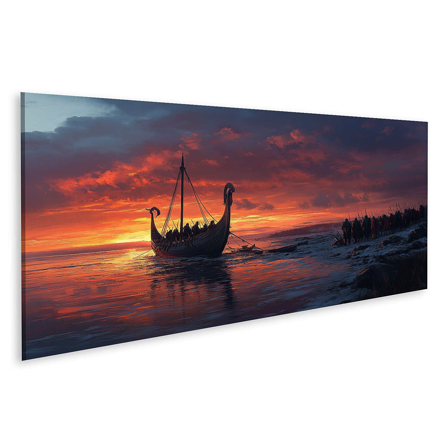 islandburner Leinwandbild Wikinger bei Sonnenuntergang am frostigen Strand