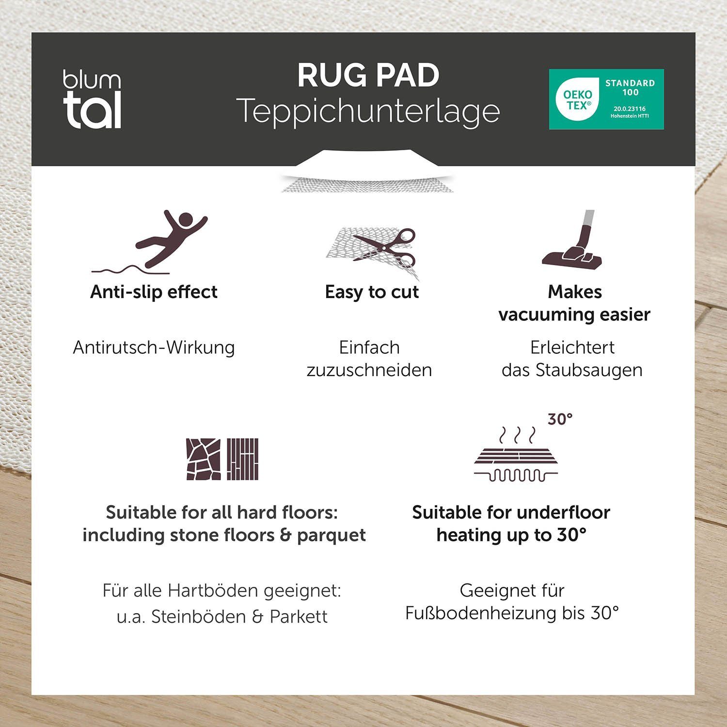 Blumtal Antirutsch Teppichunterlage Antirutschunterlage - unsichtbare Antirutschmatte, Universal Stopper, (individuell zuschneidbar, rutschfest, 2-St), Fußbodenheizung geeignet, Ohne Weichmacher - Made in Germany