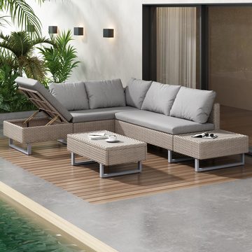 REDOM Gartenlounge-Set 5-Sitzer L-förmiges Gartenmöbel PE-Rattan mit Liegefunktion, (1 2-Sitzer-Bank, 1 3-Sitzer-Ecksofa, 1 Couchtisch), Gartenmöbel Set Polyrattan, Balkonset, Sofagarnitur, Sitzgruppe