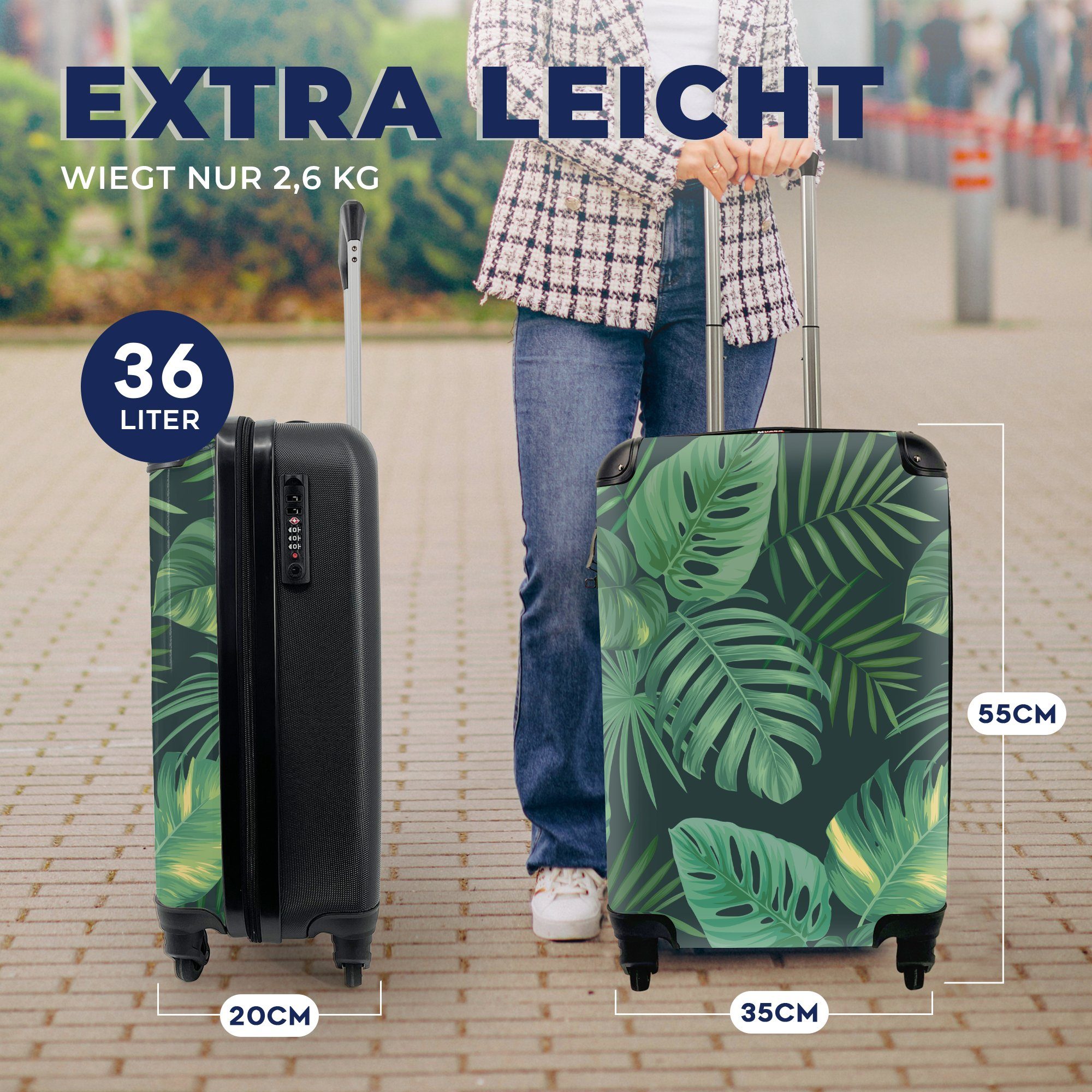 4 Muster - - mit Reisekoffer Ferien, - rollen, Pflanzen Mädchen Jungen - Reisetasche Tropische Rollen, Kinder, - MuchoWow Handgepäckkoffer Handgepäck Dschungel Trolley, für