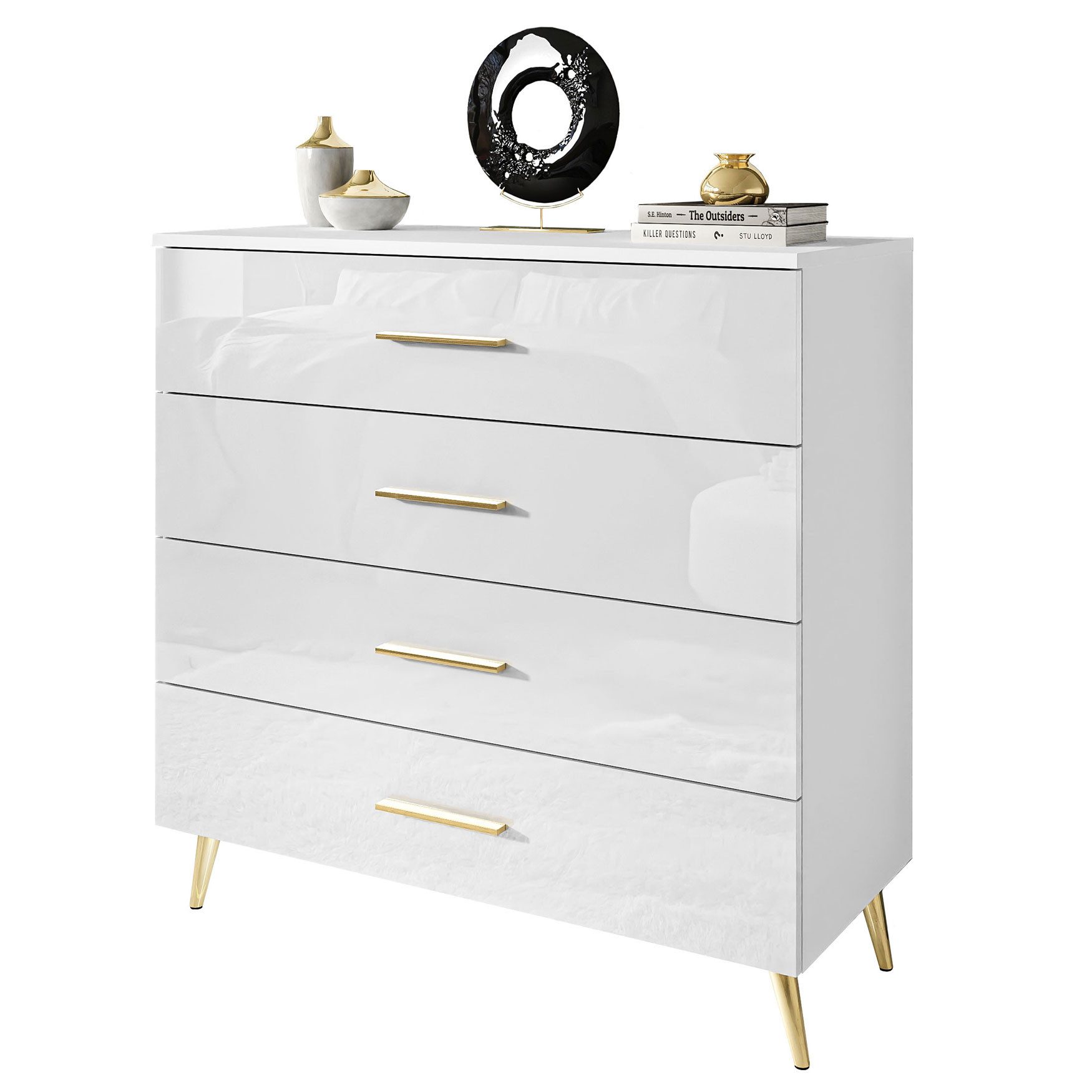 Lookway Kommode AURA 4S Weiß mit Schubladen und Griffe, 95x40x90 cm
