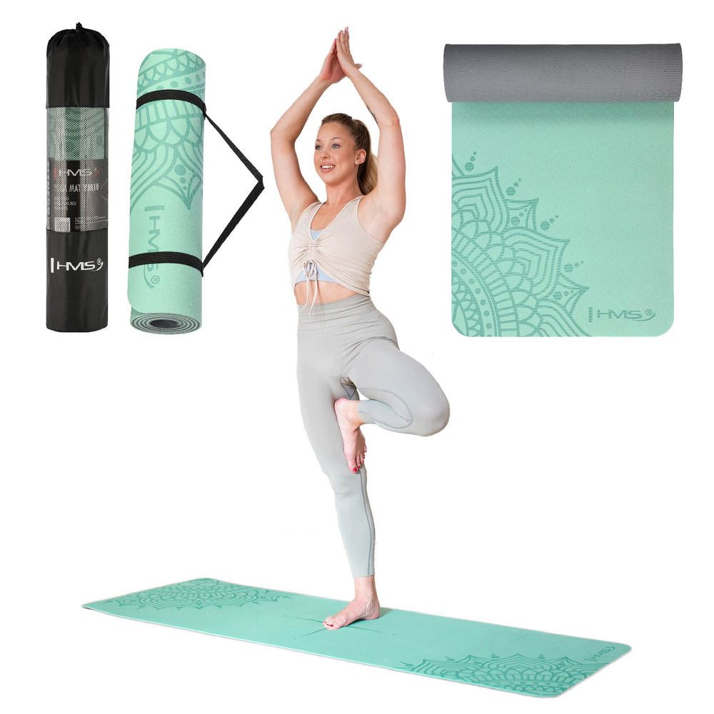 HMS Yogamatte Sportmatte Trainingsmatte Fitnessunterlage (Spar-Set, 1-St., 182 x 61 x 1 cm weich), TPE doppellagig, rutschfest, wasserfest, Hülle + Gurt