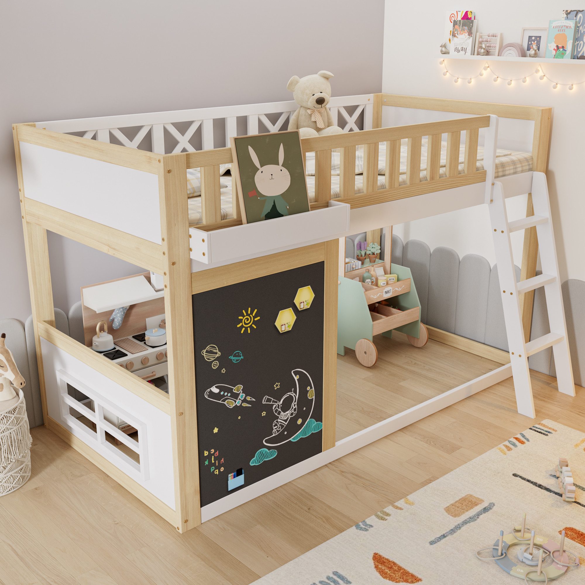 Flieks bunk bed, children's loft bed 90x200cm with chalkboard, storage box, angled ladder
