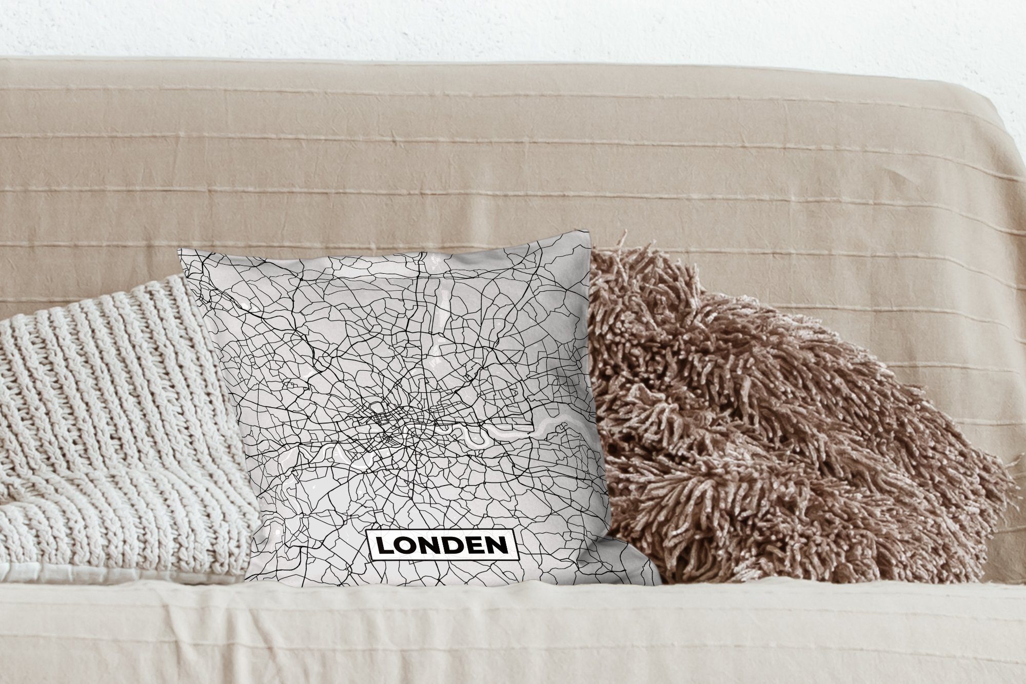 - Schwarz Stadtplan Wohzimmer, Deko, - London Karte, - mit MuchoWow Schlafzimmer, Weiß Dekokissen Füllung Sofakissen für Zierkissen und