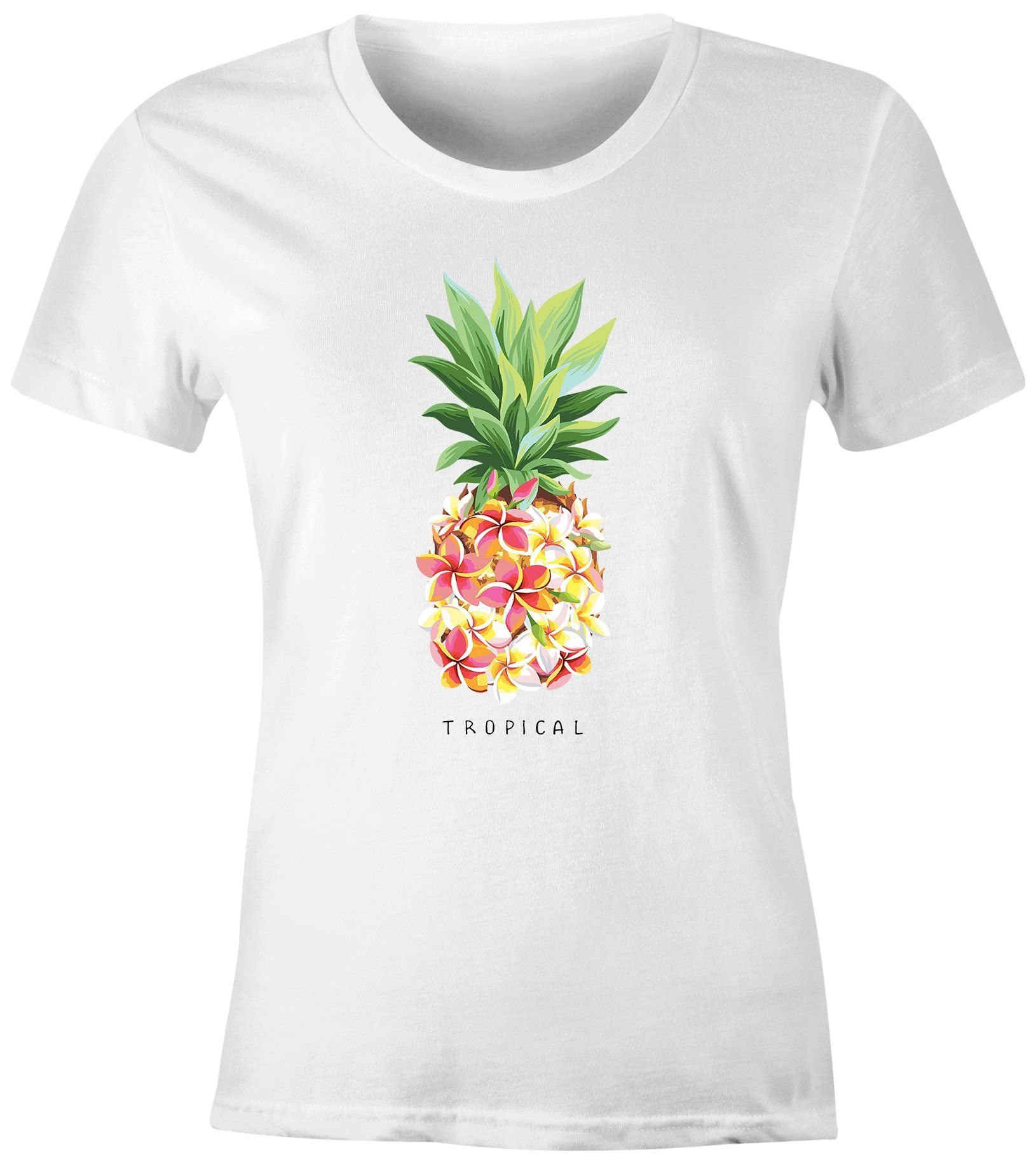 Neverless Print-Shirt »Damen T-Shirt Ananas Blumen Pineapple Flowers  Tropical Summer Paradise Slim Fit tailliert Baumwolle Neverless®« mit Print  online kaufen | OTTO