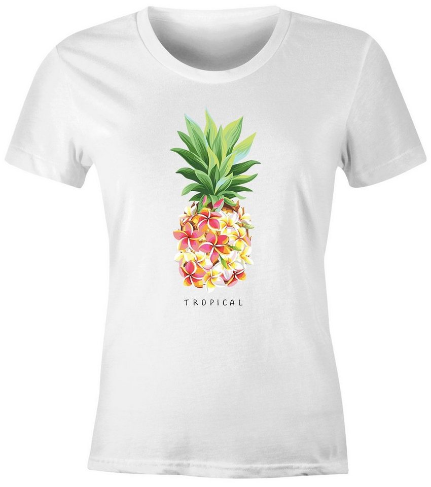 Neverless Print-Shirt Damen T-Shirt Ananas Blumen Pineapple Flowers  Tropical Summer Paradise Slim Fit tailliert Baumwolle Neverless® mit Print