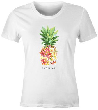 Neverless Print-Shirt Damen T-Shirt Ananas Blumen Pineapple Flowers Tropical Summer Paradise Slim Fit tailliert Baumwolle Neverless® mit Print