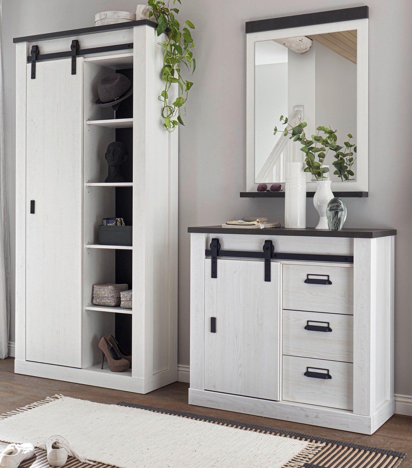 Furn.Design Garderoben-Set Stove, (Flurgarderobe in Pinie weiß Landhaus, 3-teilig, 206 x 201 cm), mit Schiebetüren und Soft-Close-Funktion