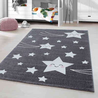 Teppich Sterne-Design, HomebyHome, Läufer, Höhe: 11 mm, Kinderteppich Stern-Design Grau Baby Teppich Kinderzimmer Pflegeleicht