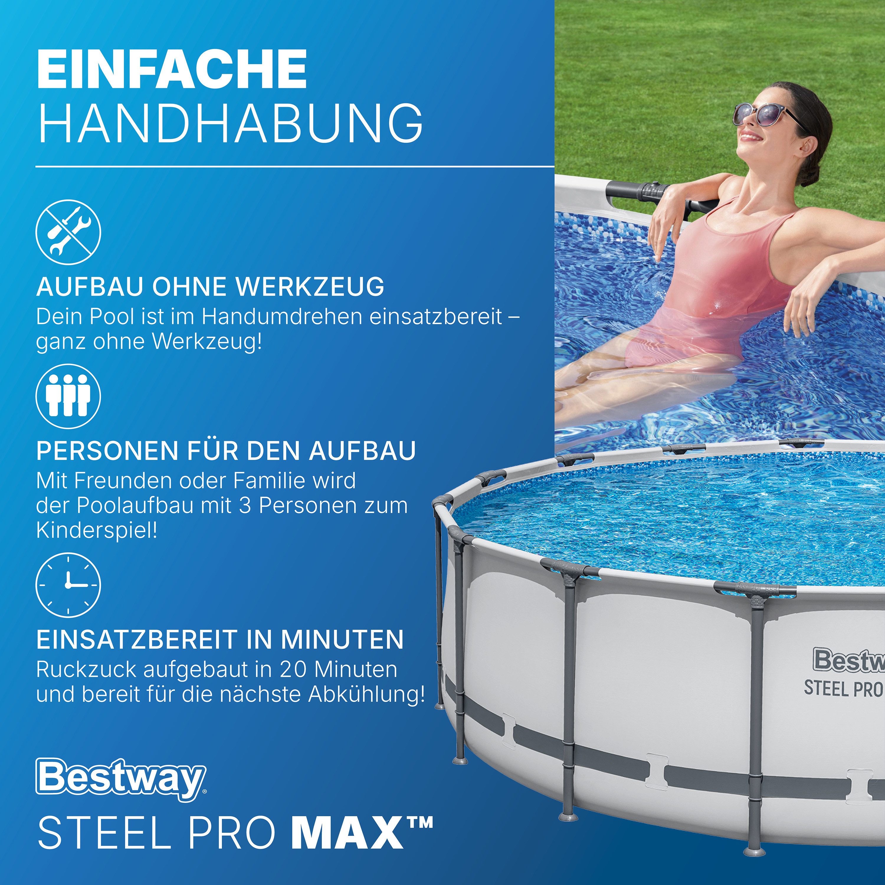 Bestway Framepool Steel Pro MAX™ (Set, Inkl. Filterpumpe, Sicherheitsleiter, Abdeckplane), Ø 488 x 122 cm