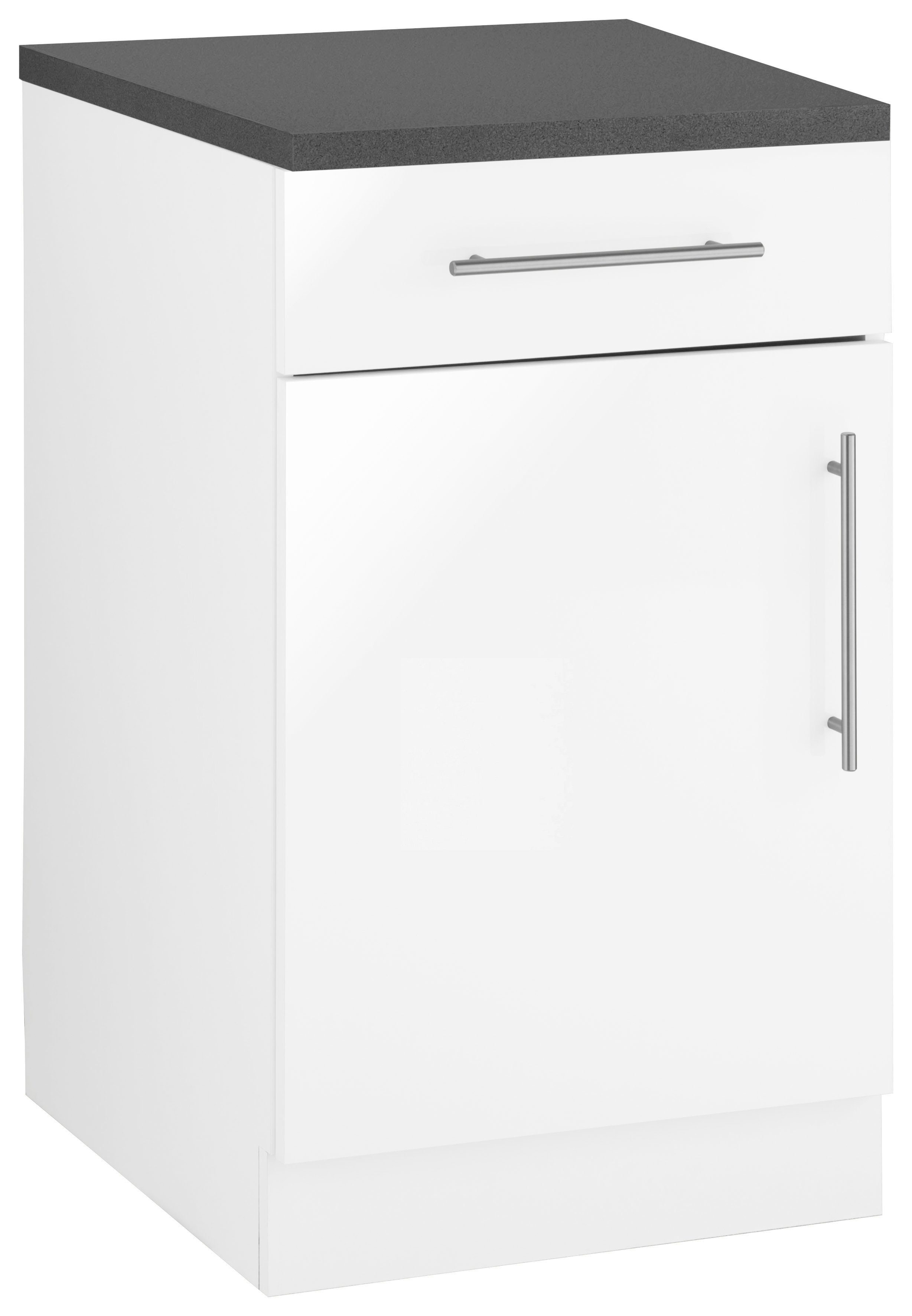 wiho Küchen Unterschrank Cali 50 cm breit Front: Weiß Glanz, Korpus: Weiß, Arbeitsplatte: Granit Grau | Weiß