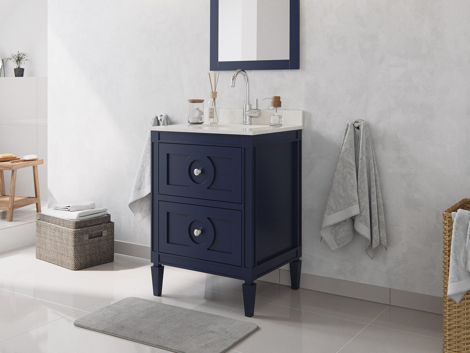 Magnolia Home Badmöbel-Set Landhaus Badmöbel-Set 2tlg Lavanda 60 Quarz Carrara montiert blau lack