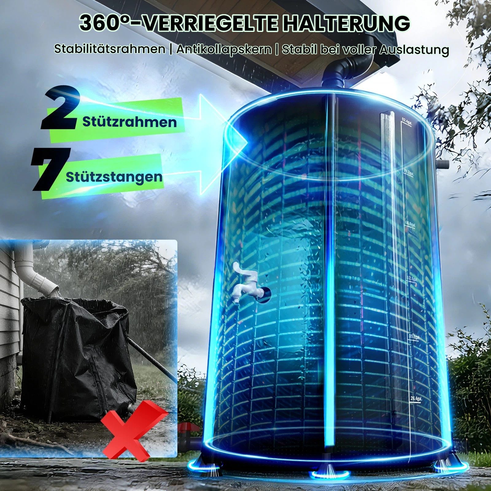 NACATIN Regentonne Faltbare Regenwassertonne 380L, Regenwassertank, Ø 70 x 100 cm, 380 l, (1-tlg), Regenwassersammler mit Deckel, Hahn & Überlaufschutz, wetterfest