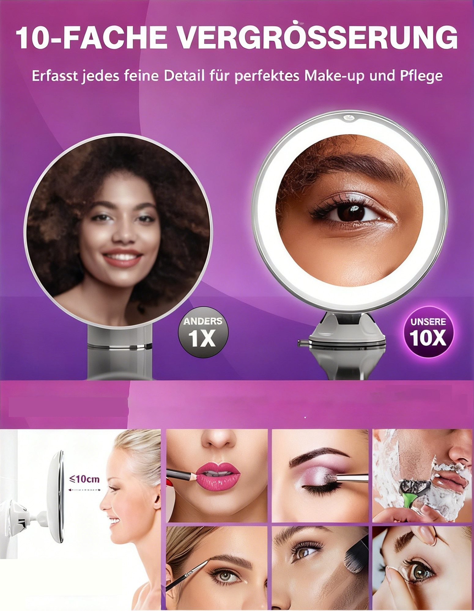 ibettertec Kosmetikspiegel Kosmetikspiegel mit Beleuchtung, 10X Vergrößerung Schminkspiegel, mit Beleuchtung und Stark Saugnapf – Bild 2 von 5