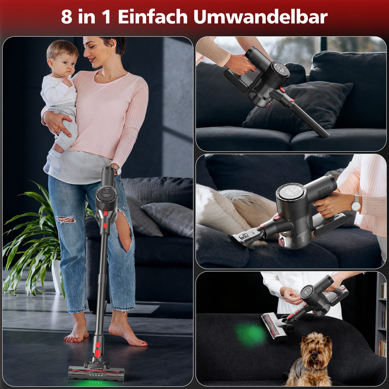 PRASKY Hand-und Stielstaubsauger P1MAX Akku-Staubsauger 45 kPa, freistehend, für Teppich & Hartboden, 550 W, mit Beutel, Geräuschpegel <70 dB(A)