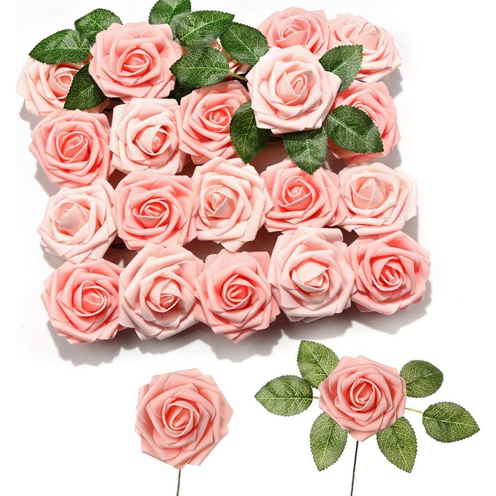 Kunstblumenstrauß 25 Stück Künstliche Rosen Deko Blumen Milchweiß, CTGtree rosa | Kunstblumensträuße