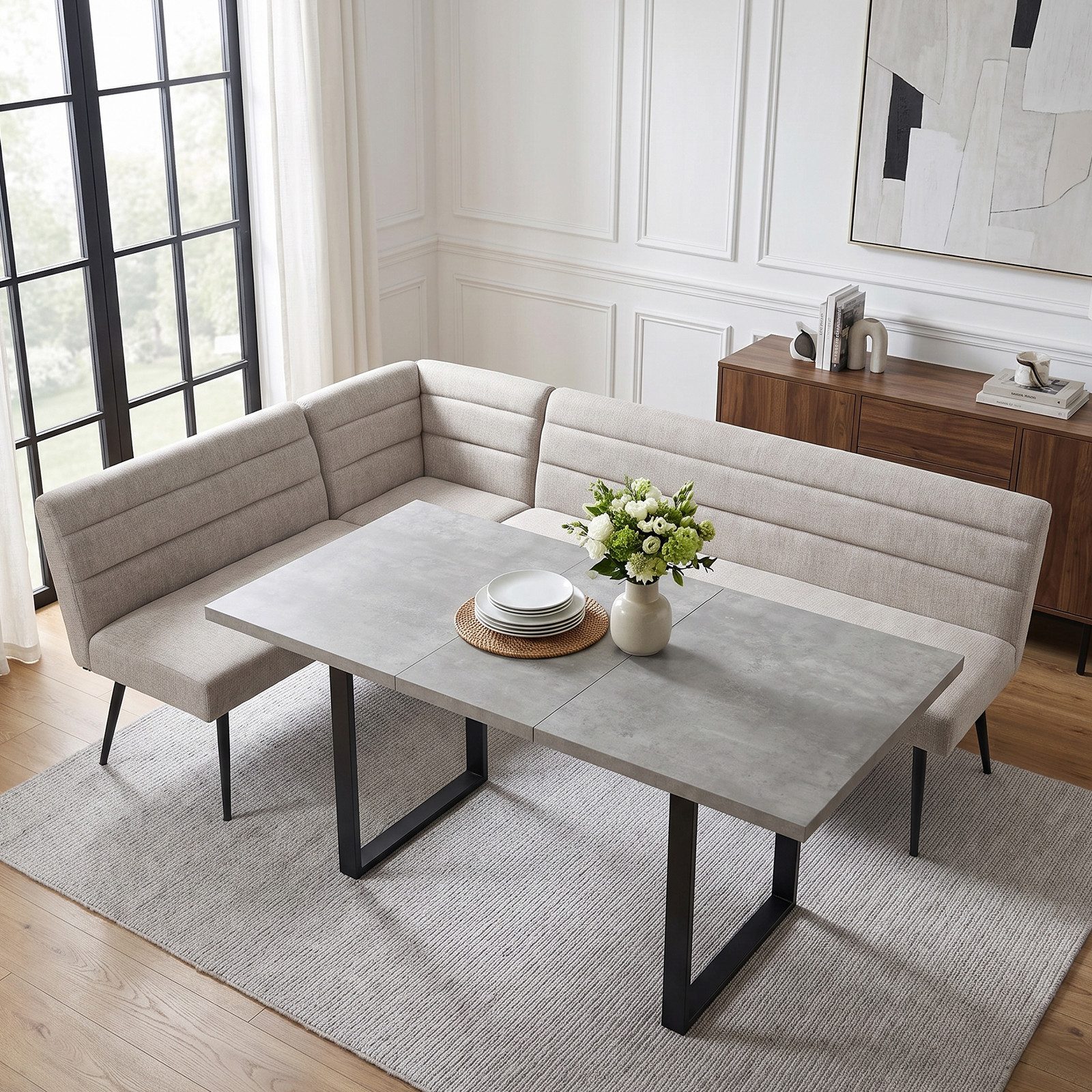 Jiexi Essgruppe Esszimmer-Set: Eckbank & Esstisch, Polyesterstoff, Metallbeine – Bild 2 von 5