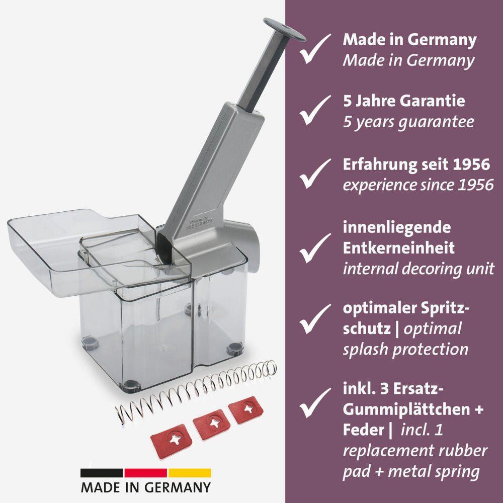 WESTMARK Entkerner für Kirschen, inkl. Verschleißteil-Set, mit Schütte & Kernkassette, Aluminium, SAN, Edelstahl, TPE, Stahl