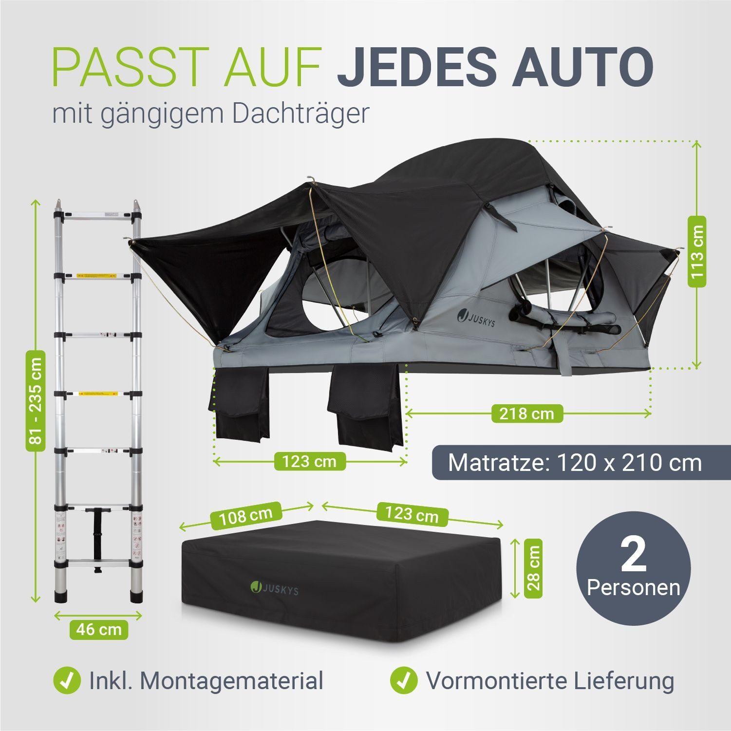Juskys Dachzelt Lago, Wasserdicht, Teleskopleiter, 2 Personen Zelt, LED Beleuchtung