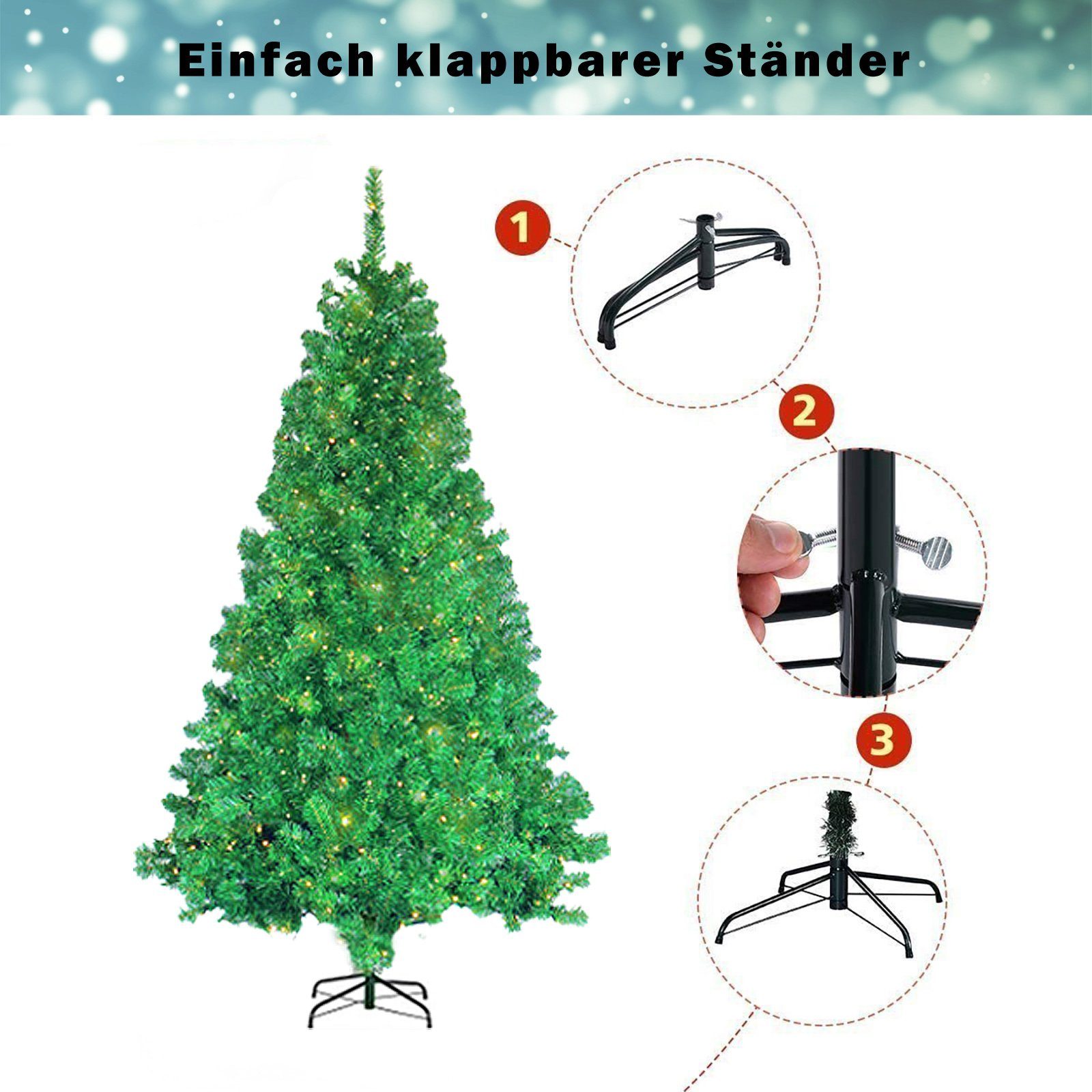 mit cm LED Künstlicher Metallständer Spitzen, Lichtern Beleuchtung 180 Tannenbaum mit Warm-Weißen TAB 180cm/210cm, mit Weihnachtsbaum 300 Christbaum, LED und 1080 PVC