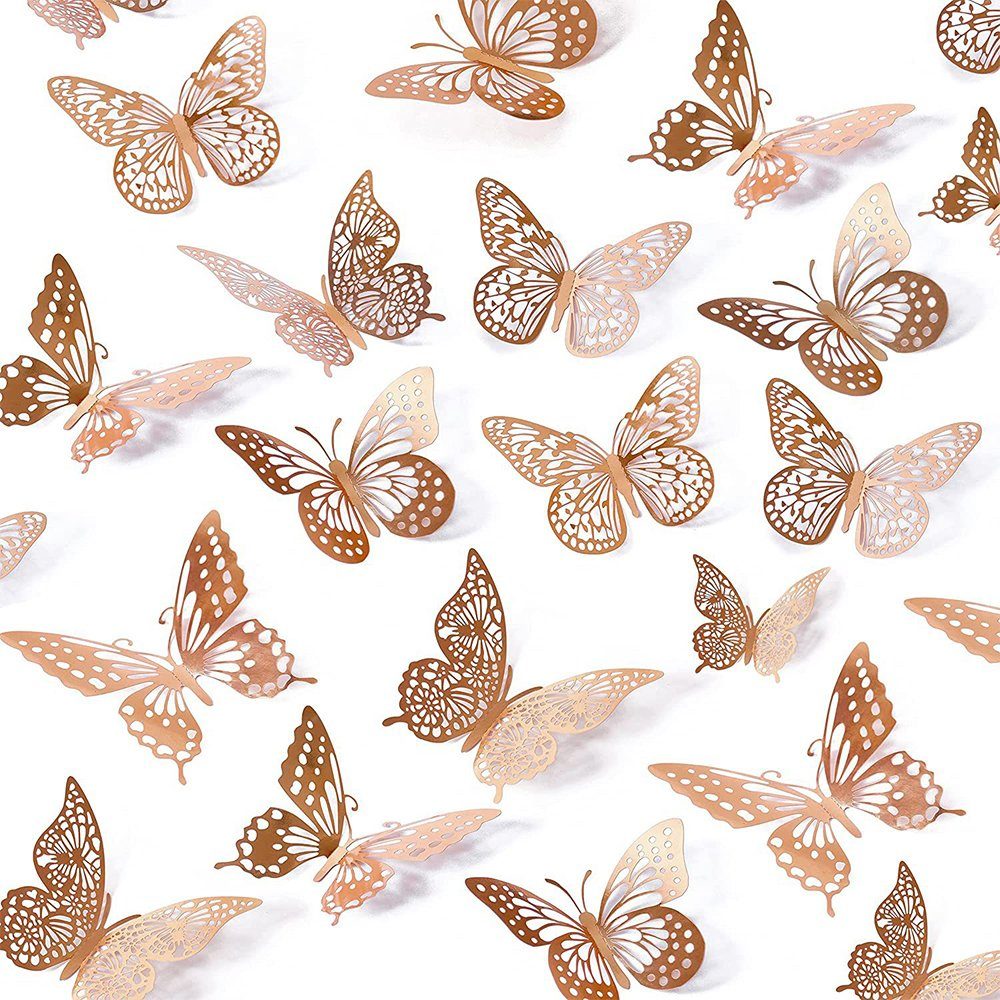 NUODWELL 3D-Wandtattoo 48 Stück 3D Schmetterling Wandaufkleber,4 Arten 3 Größe Deko Aufkleber Roségold