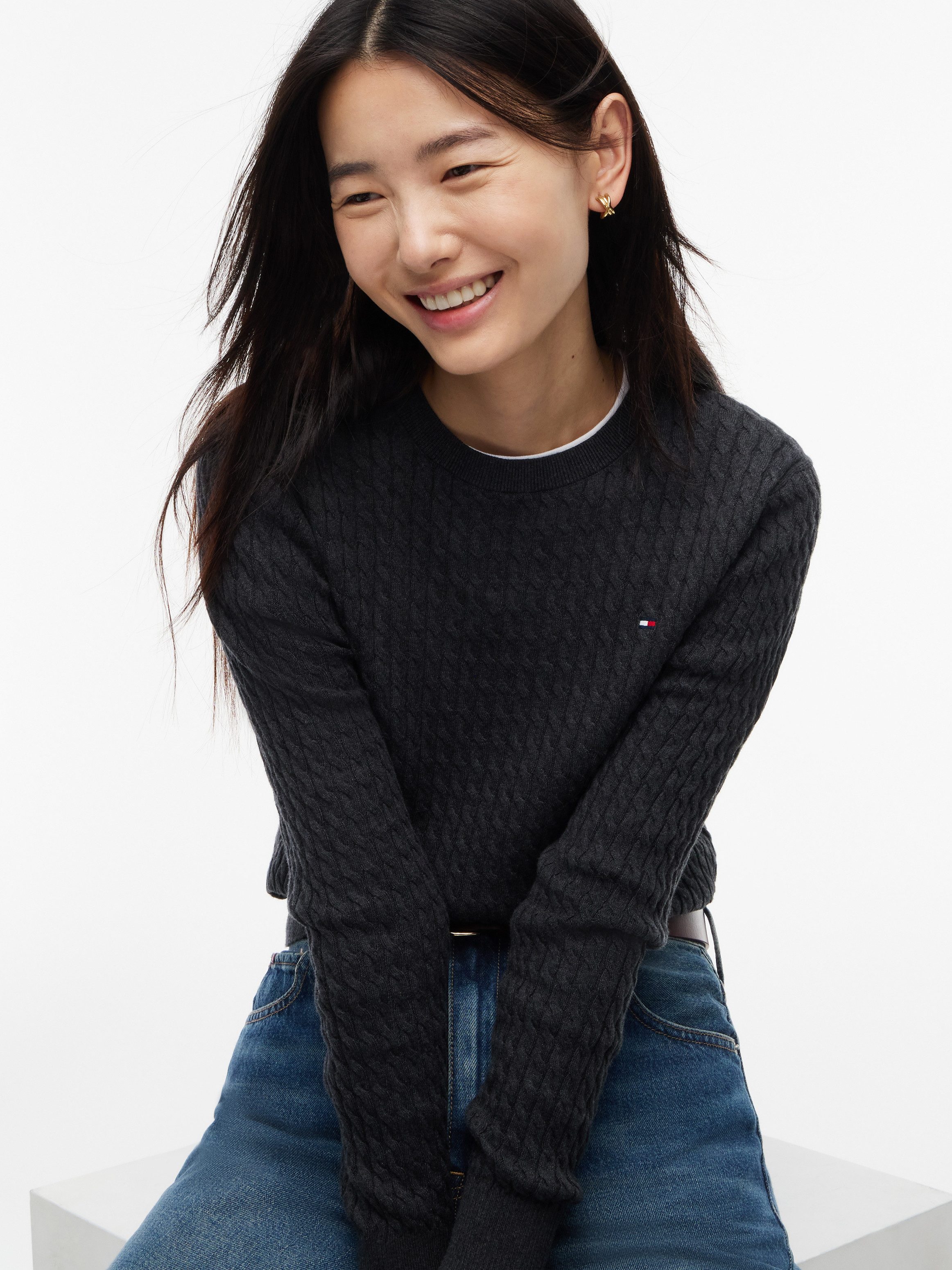 Tommy Hilfiger Rundhalspullover CO CABLE C-NK LS SWEATER Baumwolle, mit Zopfmuster, Regular Fit