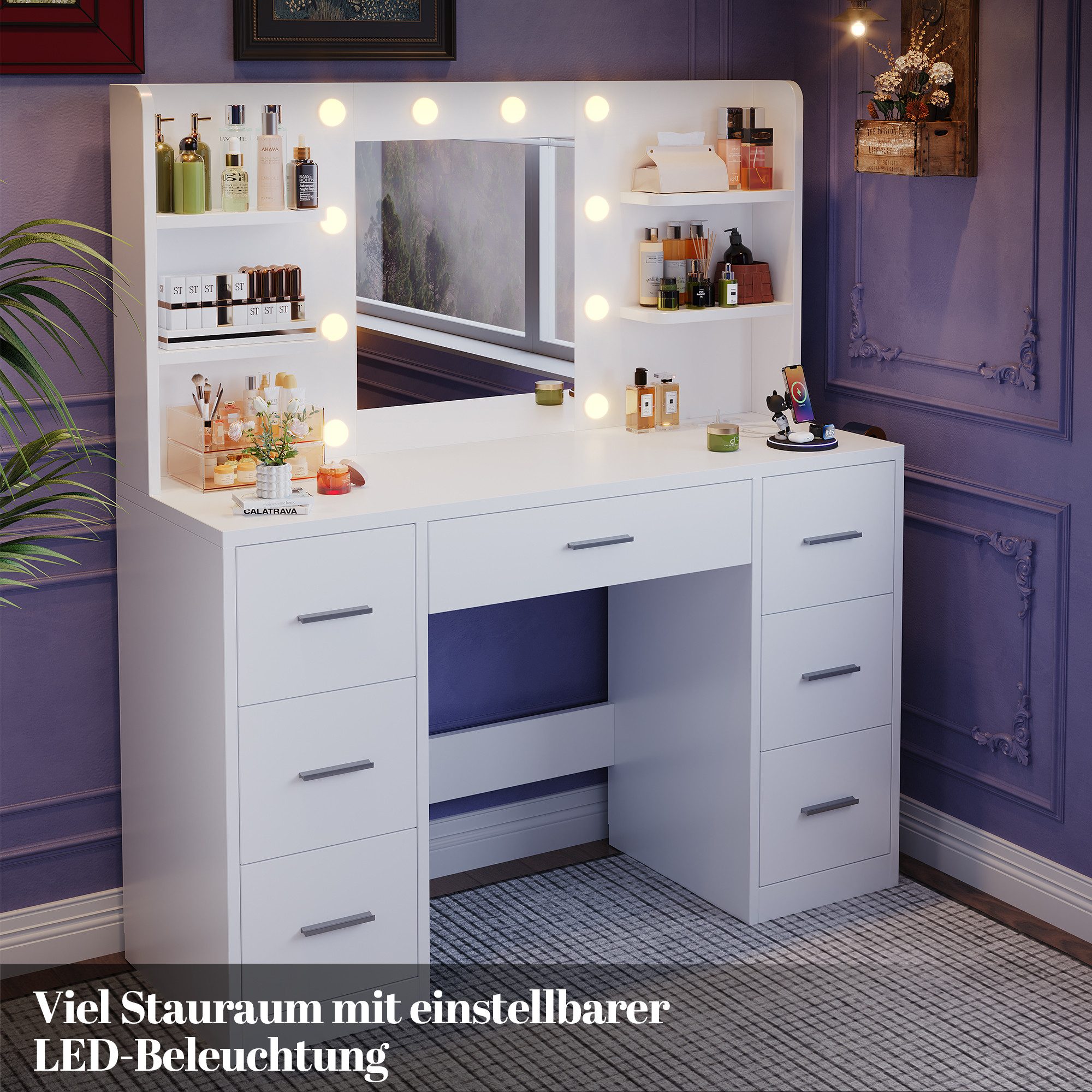 Furnicopia Schminktisch Mit einstellbarer LED-Beleuchtung, 7 Schubladen und 4 Fächern (Große Größe: 110 × 40 × 137 cm, mit 1 USB-Anschluss, 1 Typ-C-Ladeanschluss, 2 Netzsteckdosen und 1 Föhnhalterung. Erhältlich in Weiß oder Schwarz-ostern geschenke)