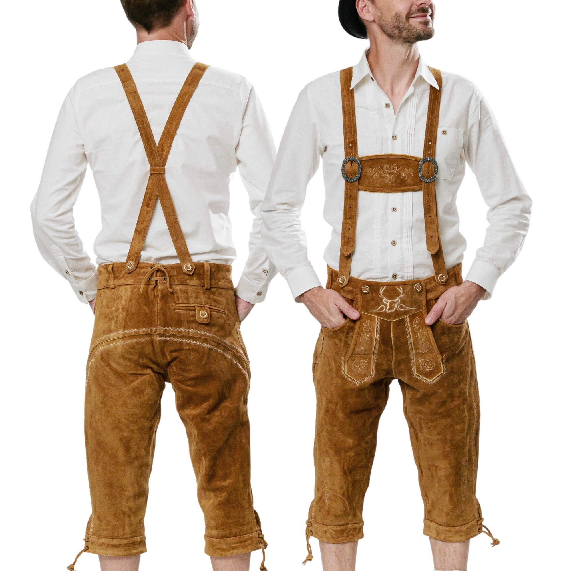 BAVARIA TRACHTEN Trachtenhose traditionellem Kniebund - Material Design hellbraun in Herren und Tracht Lederhosen Gr. gefertigt 46-66 robustes Echtleder