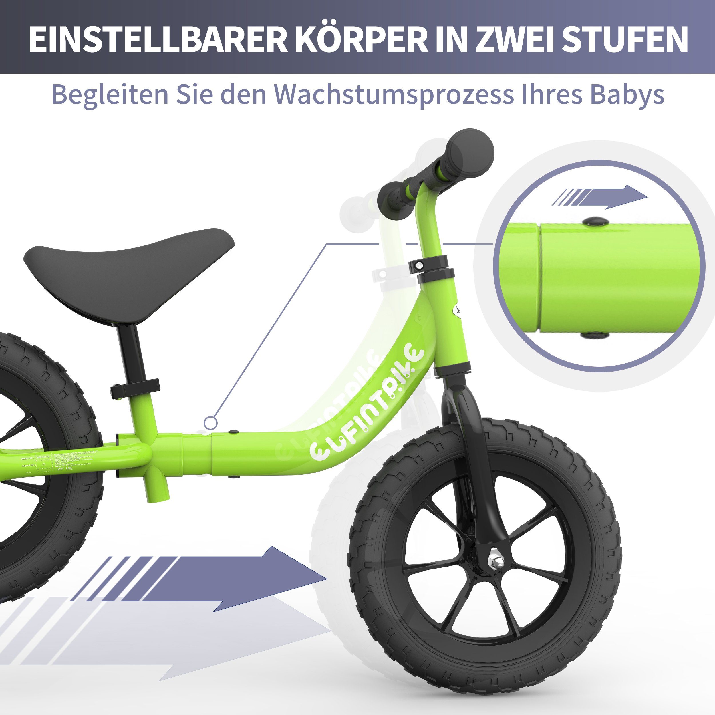 12 Zoll Laufrad Kinderlaufrad Roller Kinder Fahrrad Lauflernrad Lernrad grün 