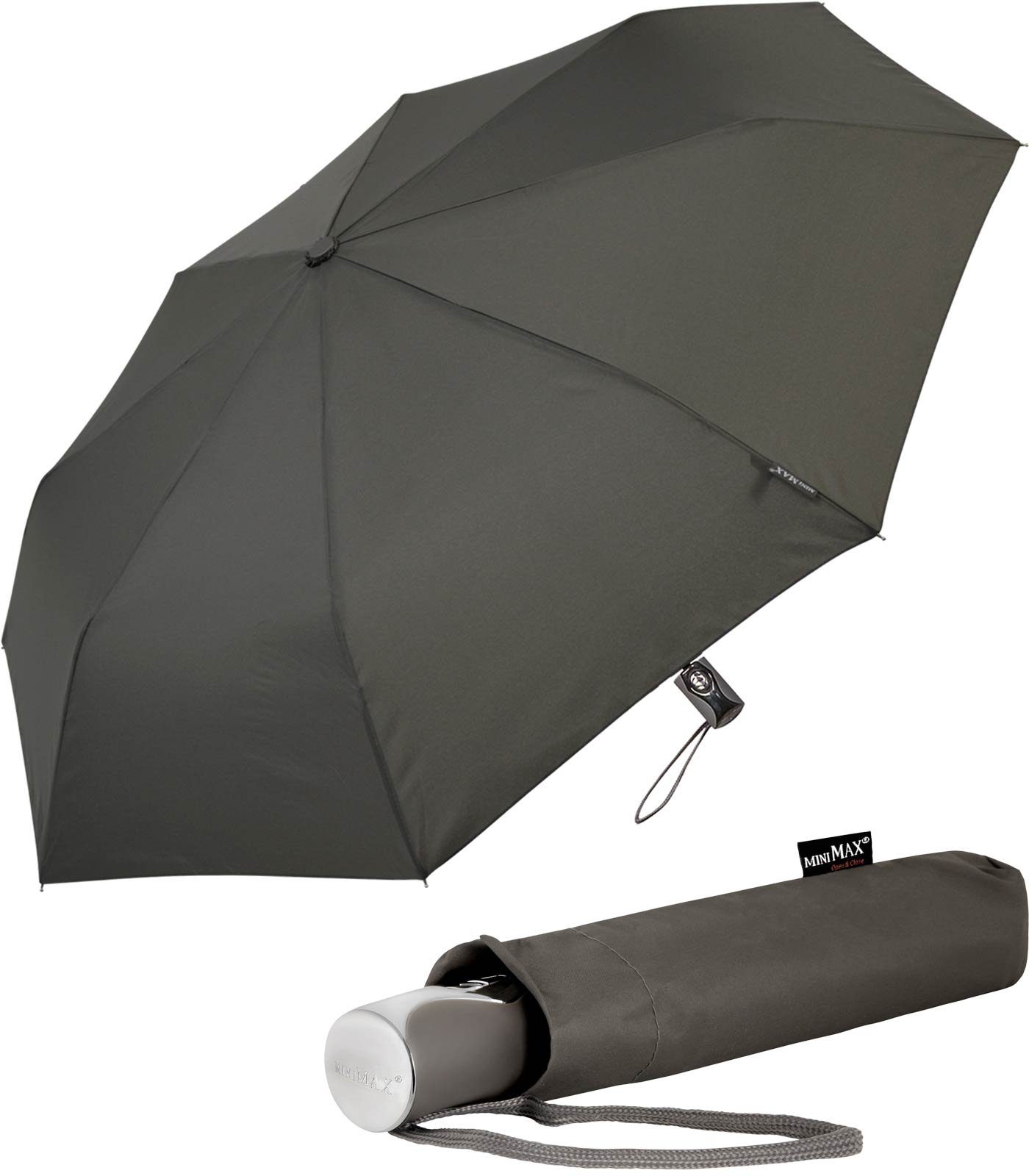 Impliva Taschenregenschirm miniMAX® mit Auf-Zu-Automatik windsicher uni, der zuverlässige Begleiter grau