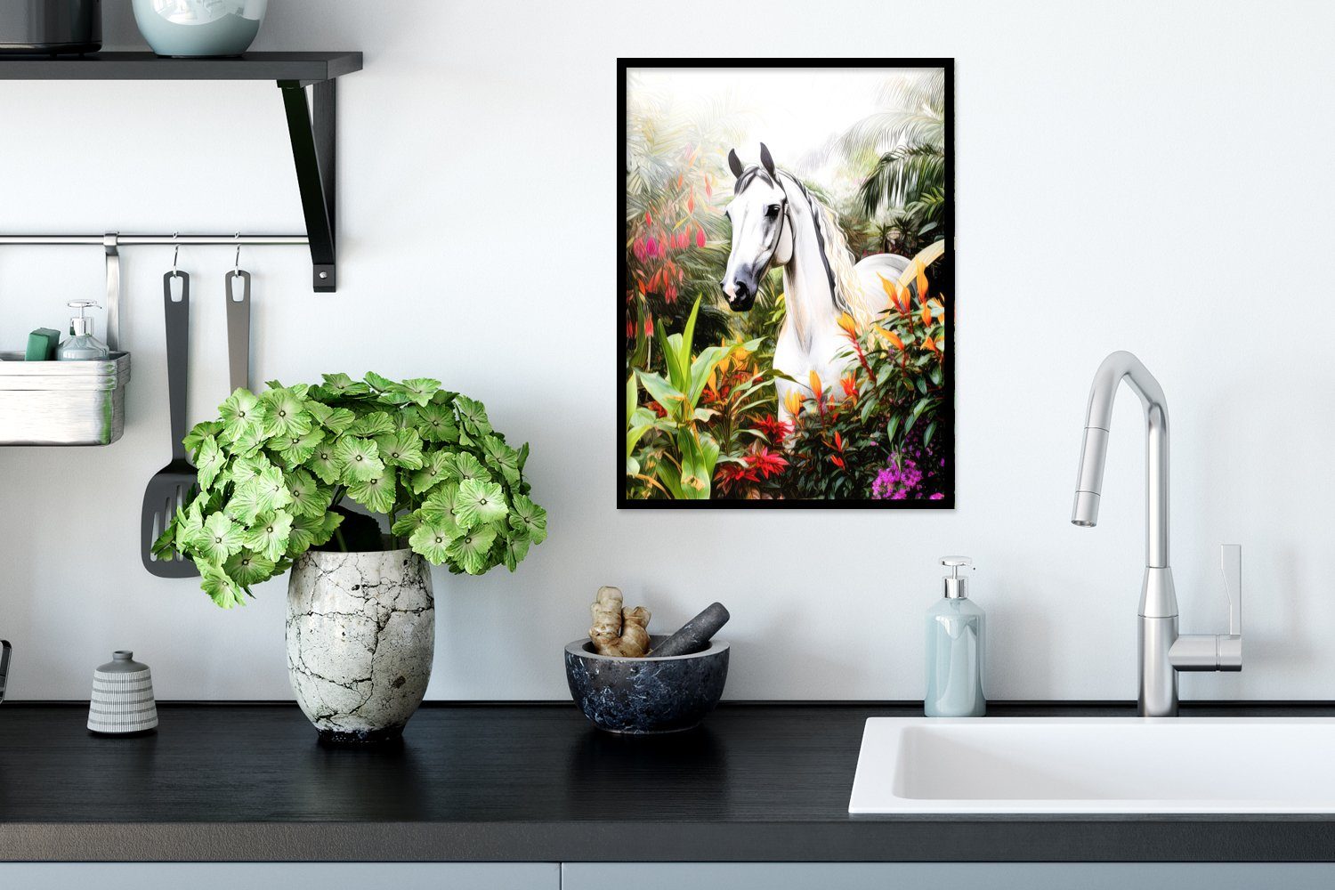 MuchoWow Poster Pferd Schwarzem - Rahmen, Gerahmtes Pflanzen, mit Kunstdruck, - Wald Blumen - Weiß Bilderrahmen Poster, (1 - St)