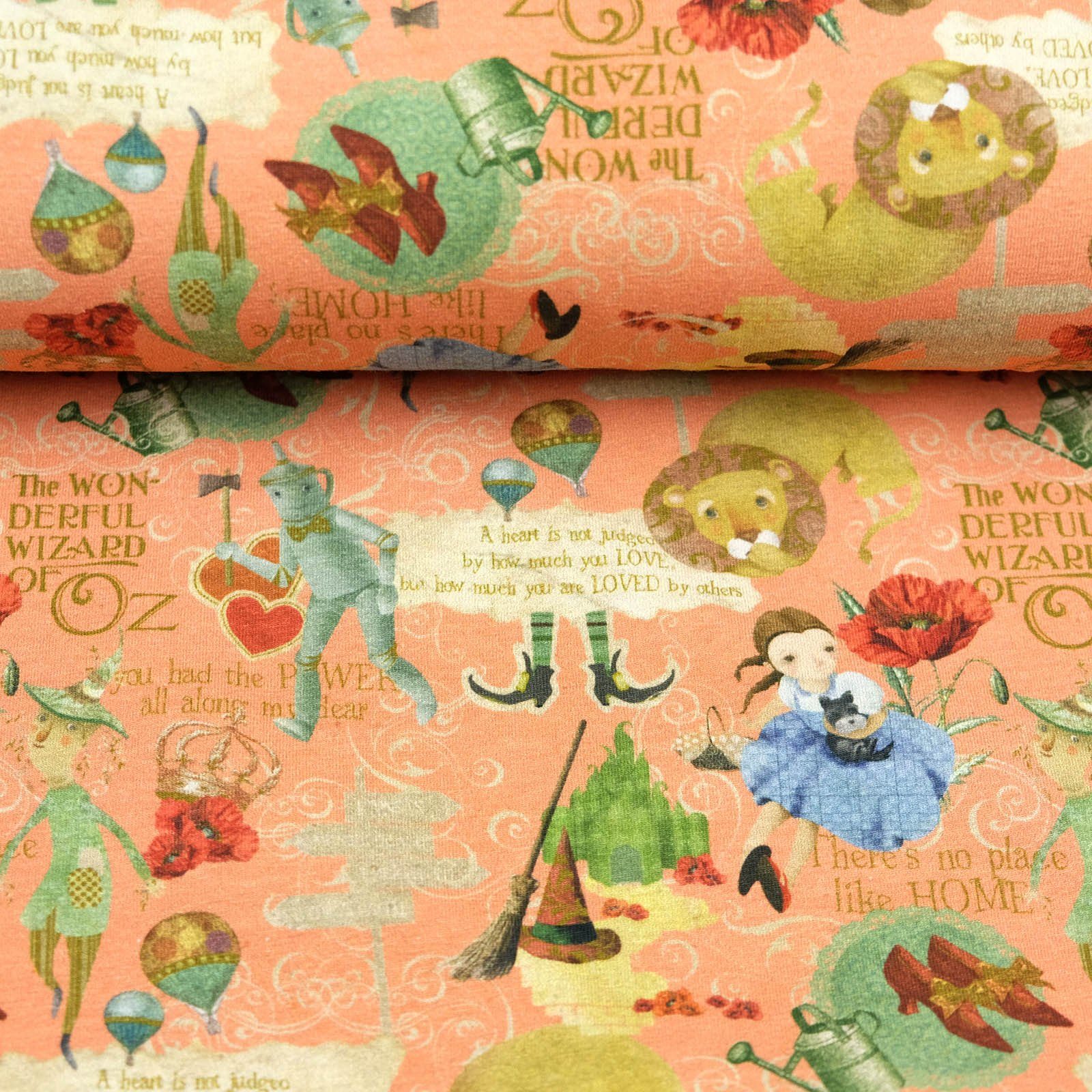 larissastoffe Stoff Jersey Stoff Kindermotiv Märchen Zauberer von Oz apricot, Meterware, 50 cm x 140 cm