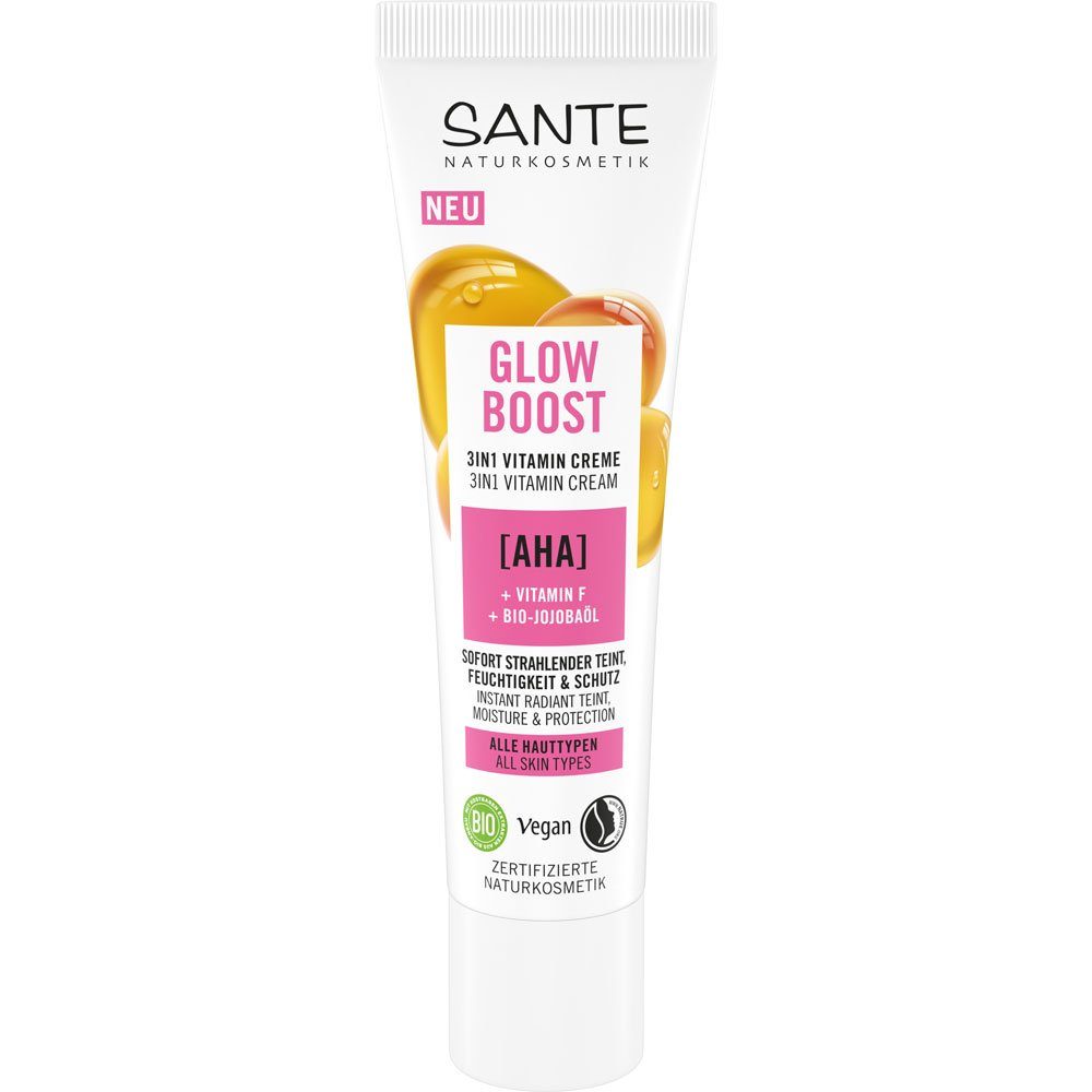 SANTE Gesichtspflege Glow Boost in Vitamin Creme AHA Vitamin F, 30 ml,  Langanhaltende Feuchtigkeit & Pflege für ein geschmeidiges