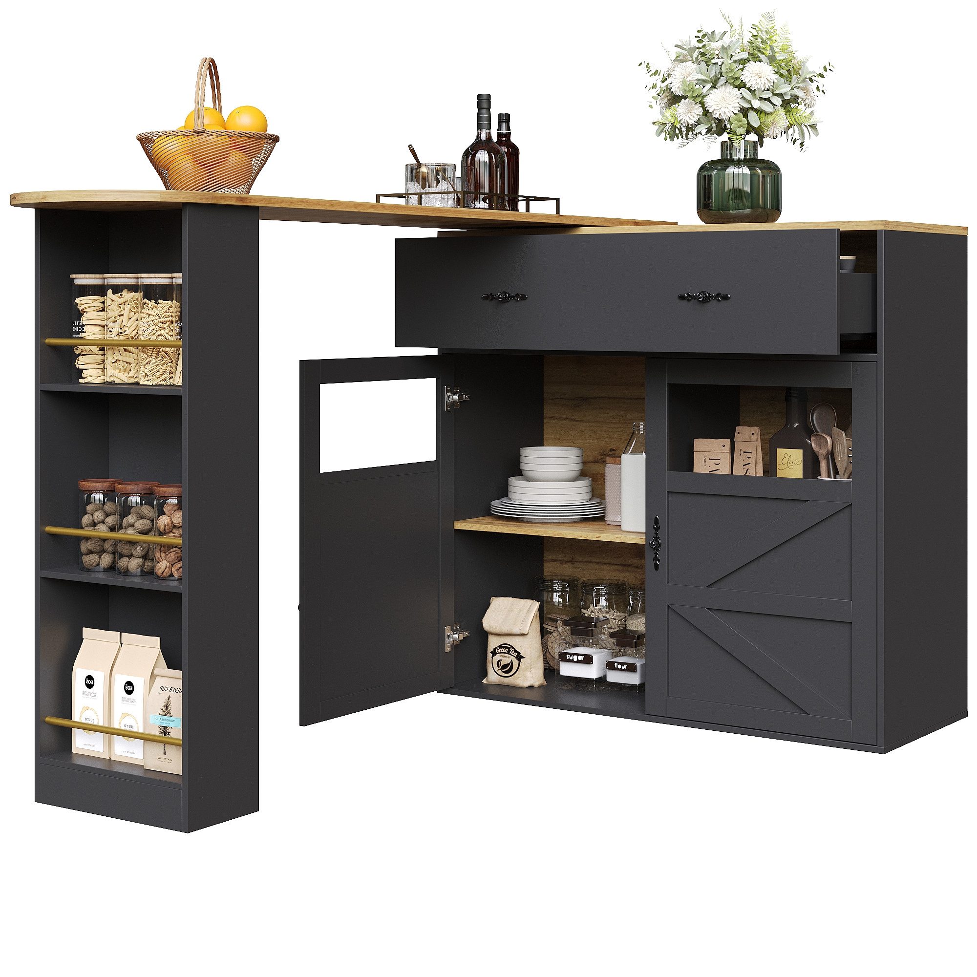 i@home Bartisch Ausziehbarer Bartisch mit Stauraum(138-204×39×104cm), 360° drehbare Essbar,mit Regalen,schwarz/weiß