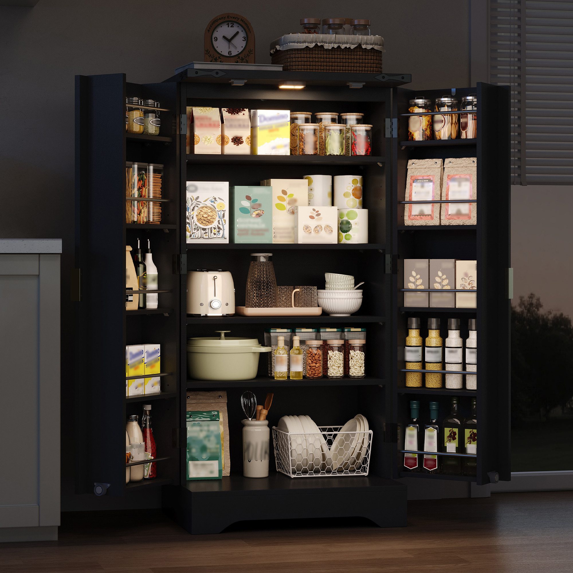 Flieks Hochschrank Küchenschrank mit LED-Sensorlicht und Türablagen (1-St., B60,5/T40/H120 cm) Mehrzweckschrank mit Gewürzregal und verstellbaren Regalböden Schwarz