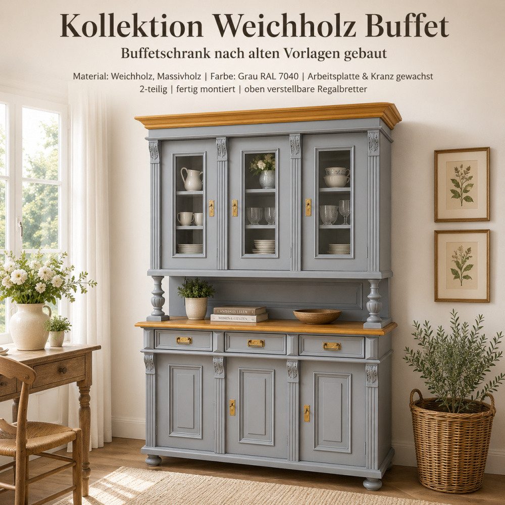 Wohnpalast Buffet Premium Buffetschrank Massivholz – Landhausstil, Grau, 2-teilig, Handa