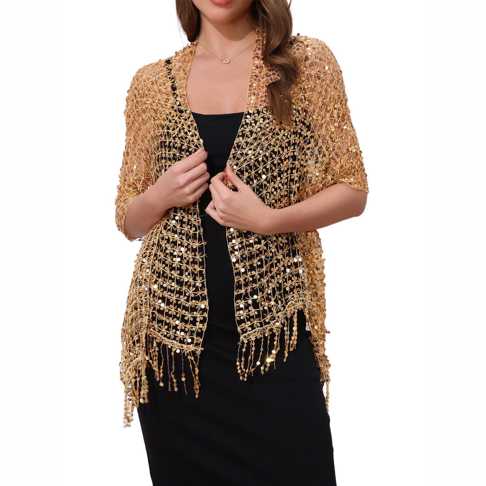 Zaewry Damen Pailletten-Modeschal, Fransen- und Lochmuster-Schal, glänzender modeschal, ideal für Partys, Bälle und Hochzeiten.